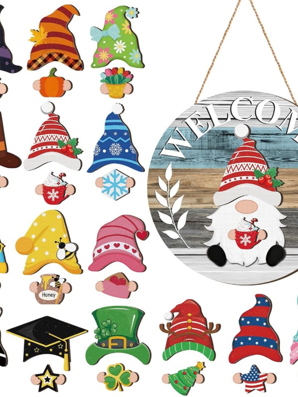 30 Pcs Seasonal Interchangeable Wooden Gnome Decor,Cute,Charcoal Grey